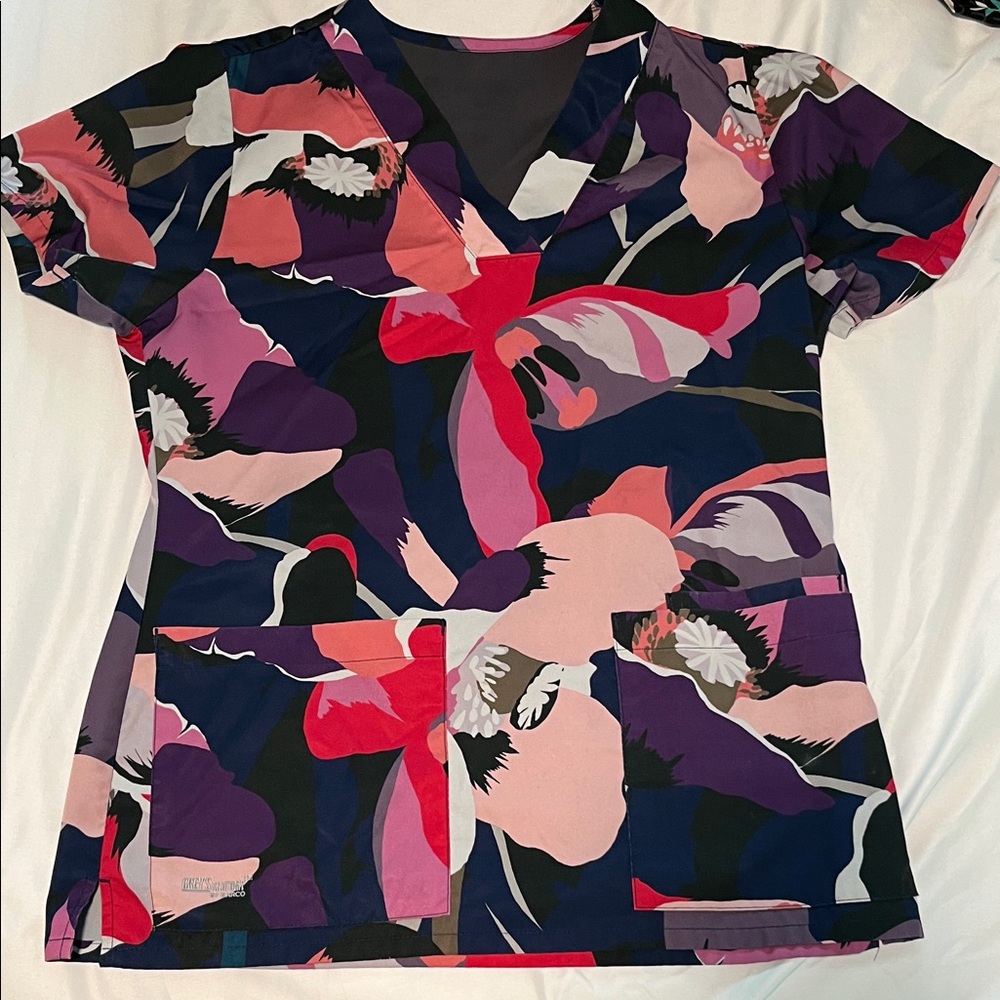 Grey's Anatomy Floral V-Neck Scrub Top - Pink, Purple, Navy & Black